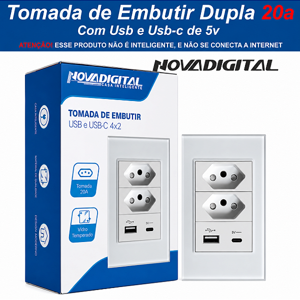 Tomada de Embutir 4x2 de 20a com Usb e Usb-c Padrão Linha Nova Digital - NÃO É SMART