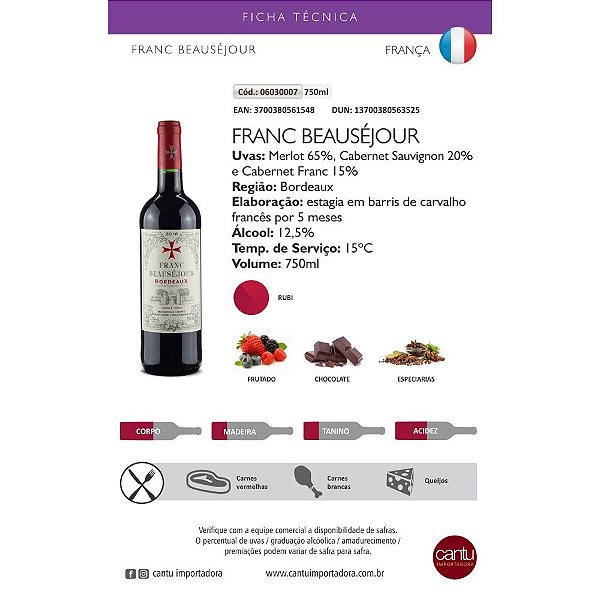 Vinho Tinto Francês Beausejour Bordeaux 2019