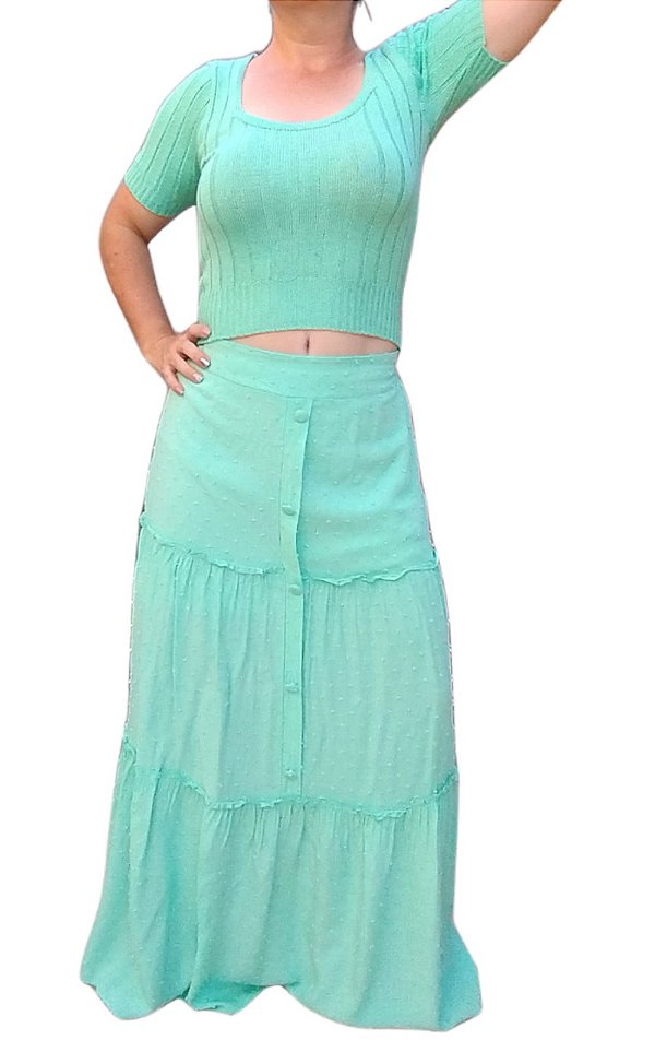 Conjunto Blusa  Modal/ Saia Longa Pipoca  Azul - Amorecas Fashion