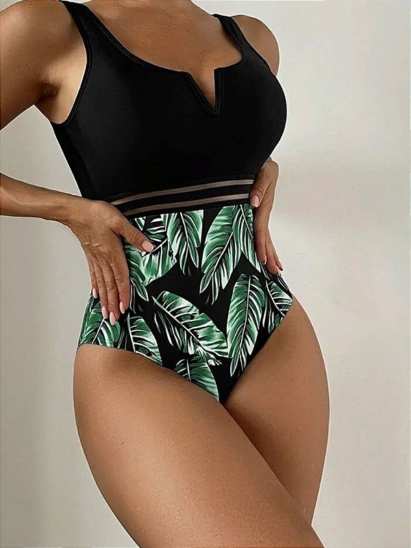 Maiô estampado faixa transparente cintura