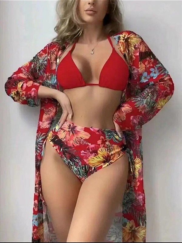 Conjunto de biquíni de cintura alta feminino com saída de praia manga longa