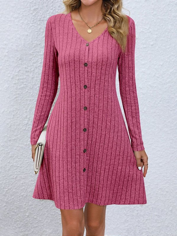 Mini vestido monocromático de malha com botão,manga comprida e gola V