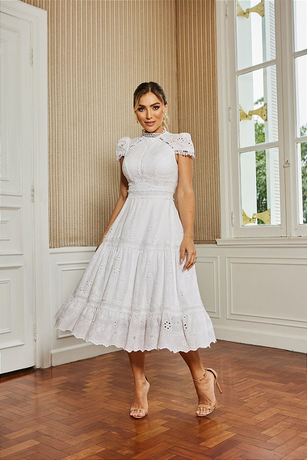 VESTIDO MIDI EM LAISE COM LAÇO PARA CASAMENTO CIVIL, BATIZADO