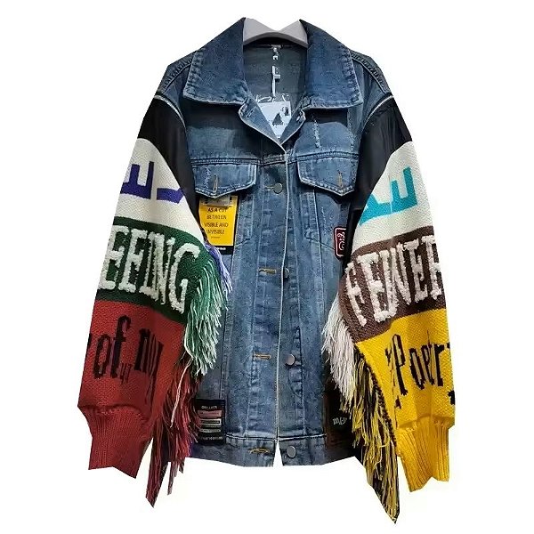 Jaqueta Feminina Jeans Azul Com Franjas Mangas Emendadas