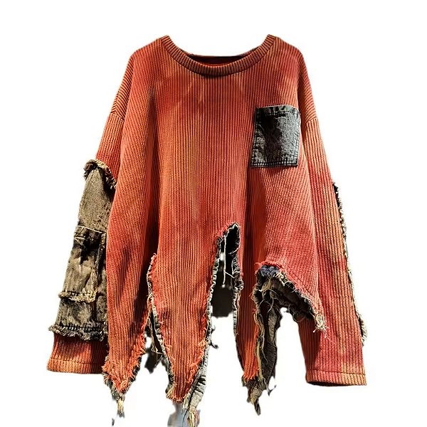 Pulôver Feminino De Manga Comprida Irregular Retalhos Retro