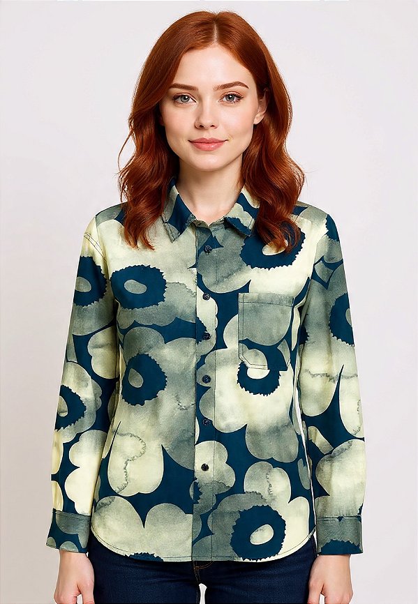 MARIMEKKO Blusa com botões - verde escuro/amarelo claro