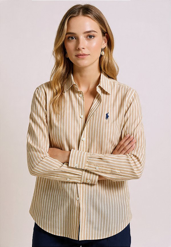 POLO RALPH LAUREN Camisa listrada de algodão e linho de corte clássico