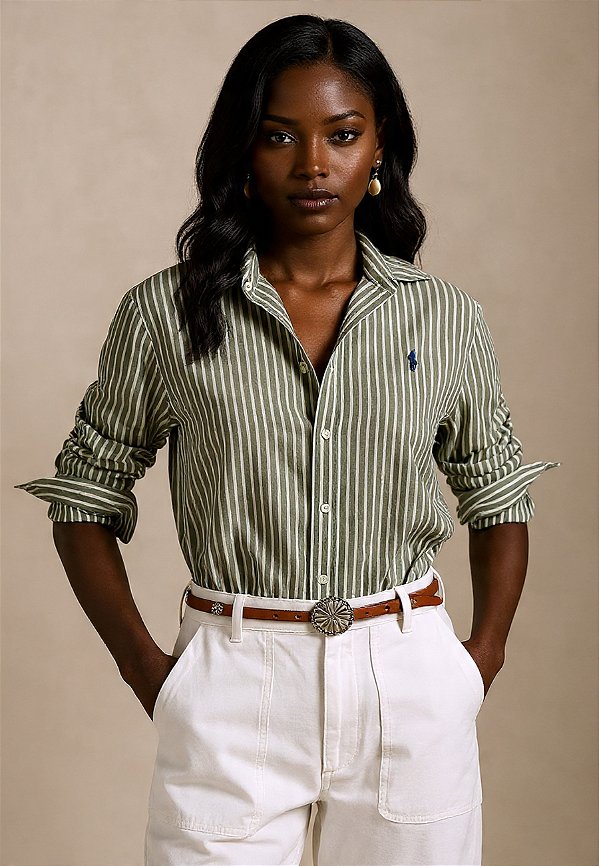 Camisa Feminina Clássica Listrada em Algodão e Linho Polo Ralph Lauren - Verde Oliva