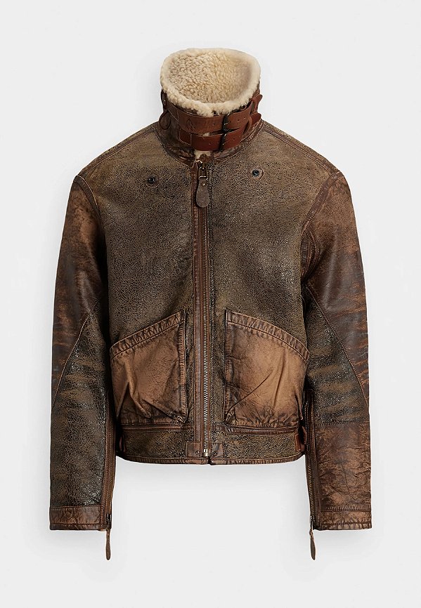 Jaqueta Bomber Polo Ralph Lauren em Lã de Carneiro com Detalhes em Couro Marrom