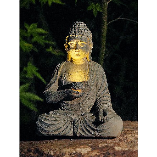 Estátua Buda de Resina com Luz Solar Automática - Decoração Zen