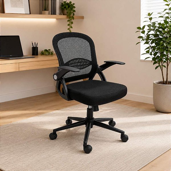 Cadeira de Escritório Ergonômica Giratória Preta com Braços Rebatíveis e Encosto em Tela