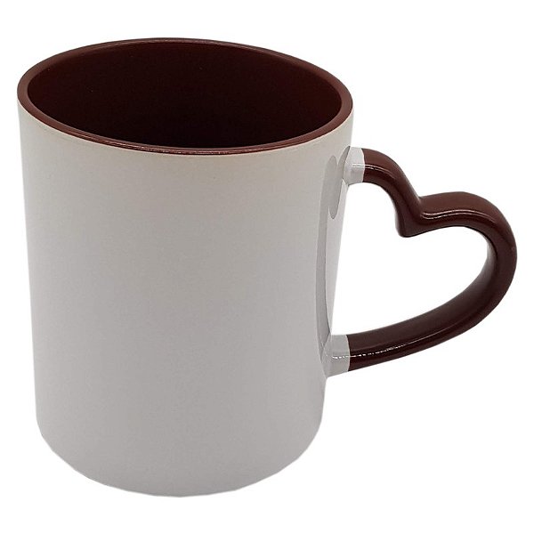 Caneca Alça Coração e Interior Marrom (Porcelana 325ml P/ Sublimação)