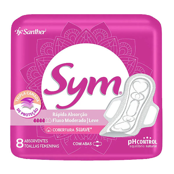Absorvente Sym Cobertura Suave com Abas 8 Unidades