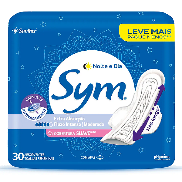 Absorvente Sym Noite e Dia Suave com Abas 30 Unidades