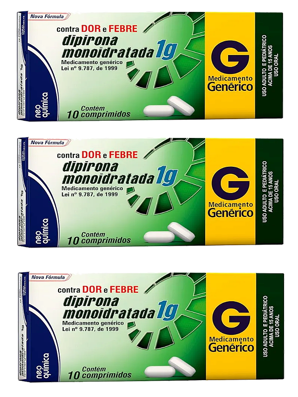 Kit 3 caixas Dipirona Sódica 1g Genérico 10 Comprimidos