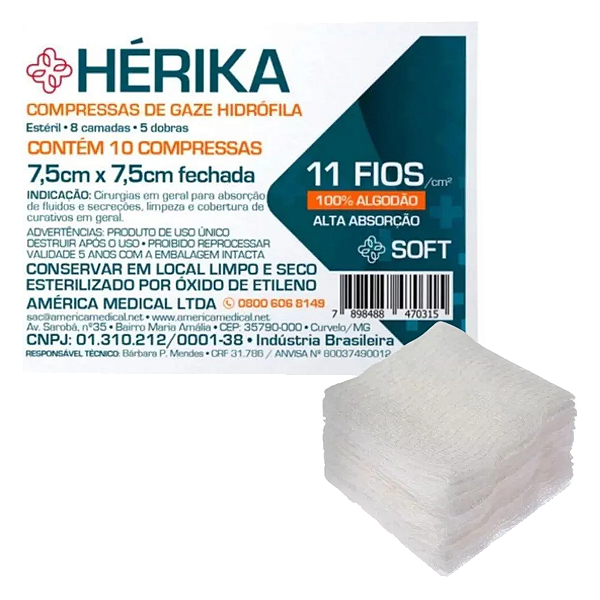 Kit 500 Unidades Compressa Gaze Estéril 11 Fios 50 envelopes com 10 dobras