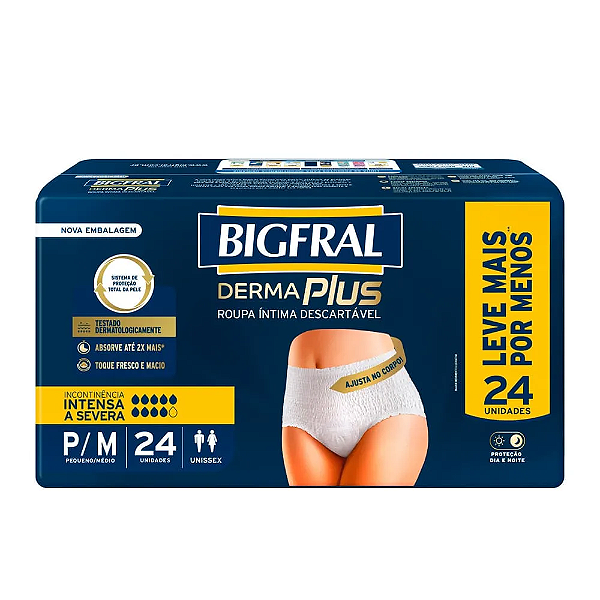 Roupa Íntima Descartável Unissex Bigfral Derma Plus Tamanho P/M 24 Unidades