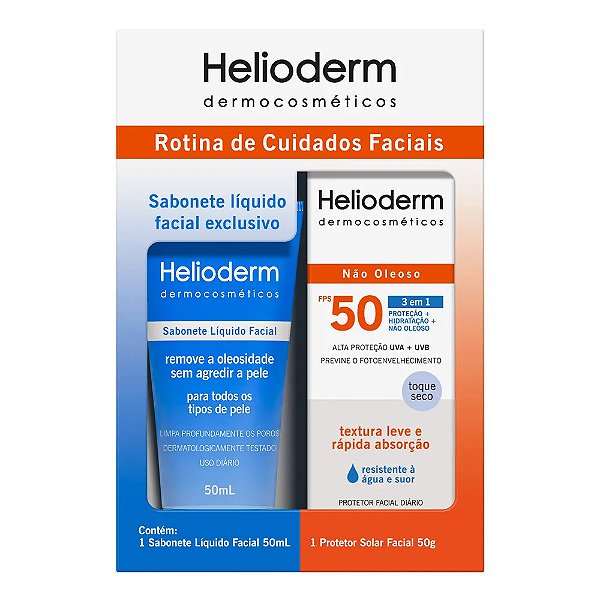 Kit Sabonete Líquido Facial Helioderm 50ml e Protetor Solar Facial Helioderm FPS 50 50g