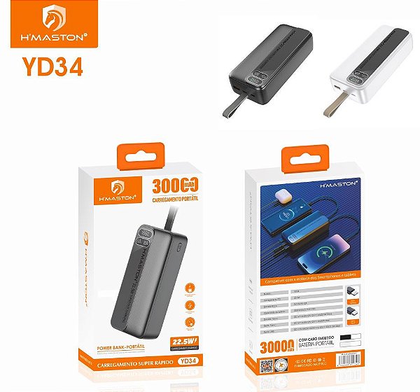 Carregador Portátil Power Bank30000mAh com display LED integrado Hmaston YD34
