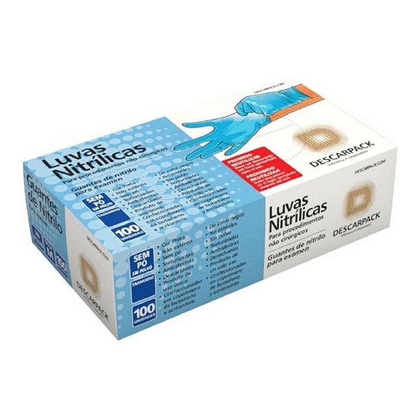 Luva Nitrílica Descarpack Azul Descartável Sem Pó Tamanho G 100 Unidades