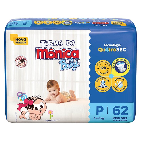 Fralda Turma da Mônica Baby Mega Tamanho P 62 Unidades