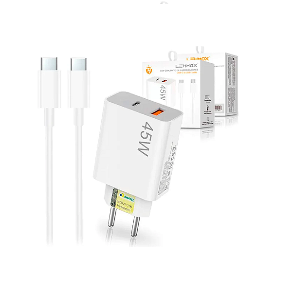 Carregador de Celular Turbo 45W PD USB com Cabo Type-C 1M LEHMOX – LE-405 A+C
