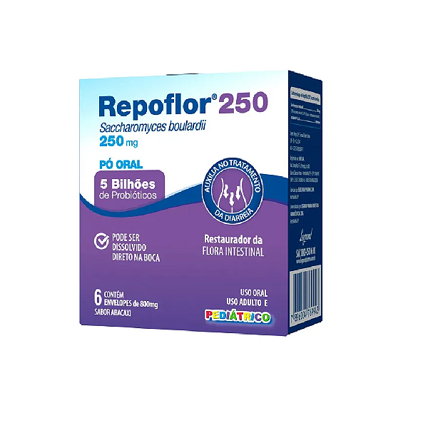 Repoflor 250mg Pó Oral Sabor Abacaxi Pediátrico com 6 Envelopes de 800mg cada