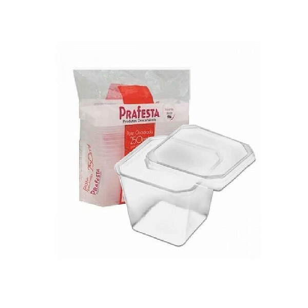 Potes Descartáveis Quadrado com Tampa Lacre 250ml, Prafesta, Freezer e Microondas, Transparente, 10 unidades