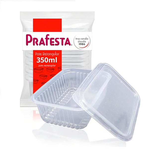 Potes Descartáveis Retangular com Tampa 350ml, PraFesta, Freezer e Microondas, Transparente, 24 Unidades
