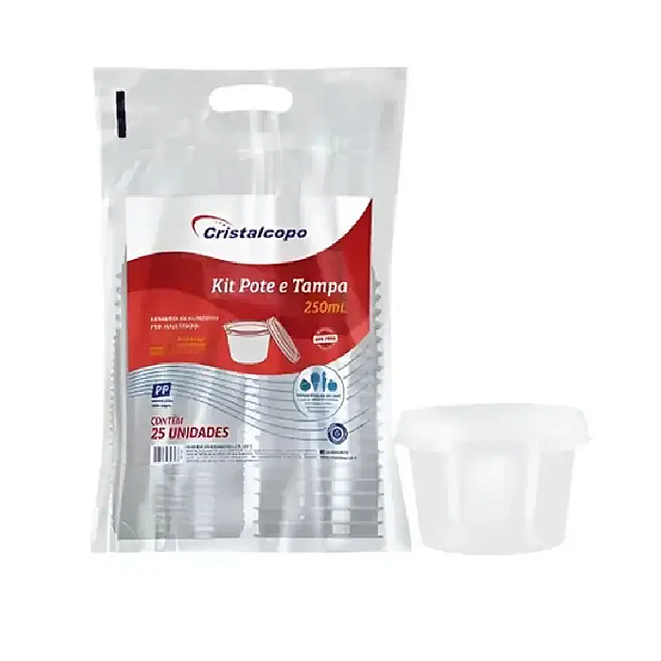 Potes Descartáveis Redondo com Tampa 250ml Cristalcopo, Freezer e  Microondas, Transparente, 25 unidades