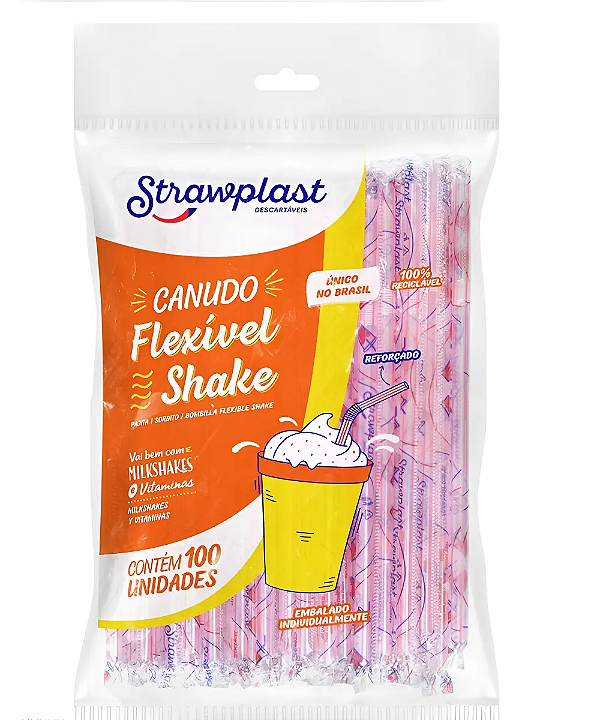Canudo Flexível Milk Shake Reforçado 8mm 100 Unidades