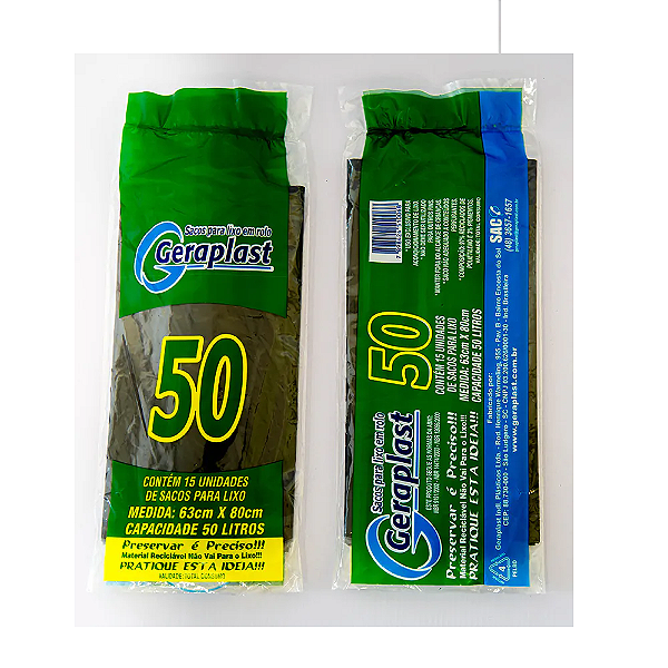 Saco para Lixo  Geraplast 50 Litros Preto 63cm x 80cm Rolo 15 unidades