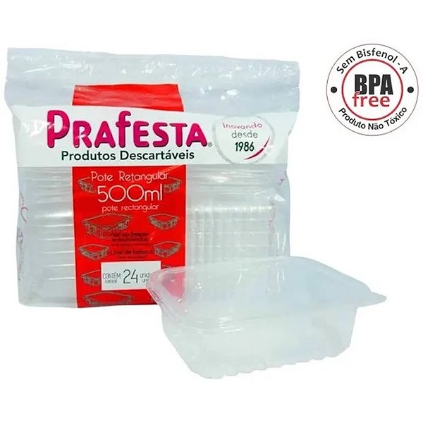 Potes Descartáveis Retangular com Tampa 500ml, PraFesta, Freezer e Microondas, Transparente, 24 Unidades