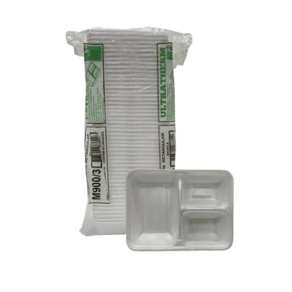 Base Marmita Sem Tampa M-1200 Isopor Retangular 3 divisorias com 50 Unidades