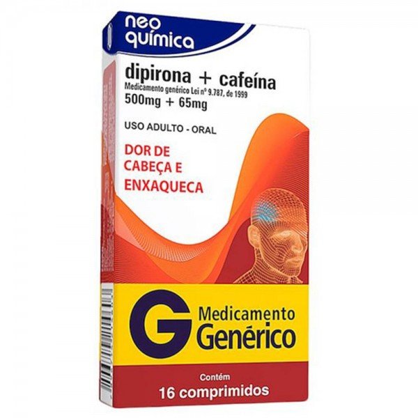 Dipirona Sódica 500mg + Cafeína 65mg Genérico com 16 Comprimidos