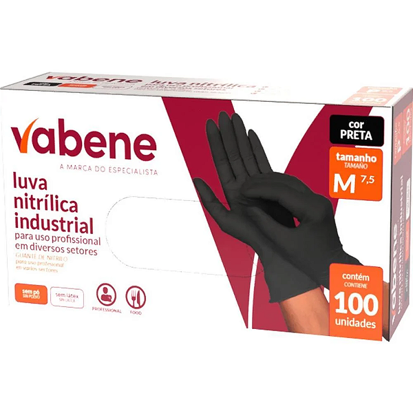 Luva Nitrílica Preta Vabene Tamanho M 100 Unidades
