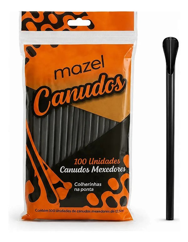 Canudo Colher Mexedor Drink Preto 6mm Com 100 Unidades