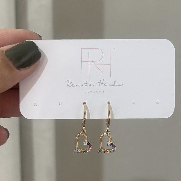 Brinco argola coração colorido