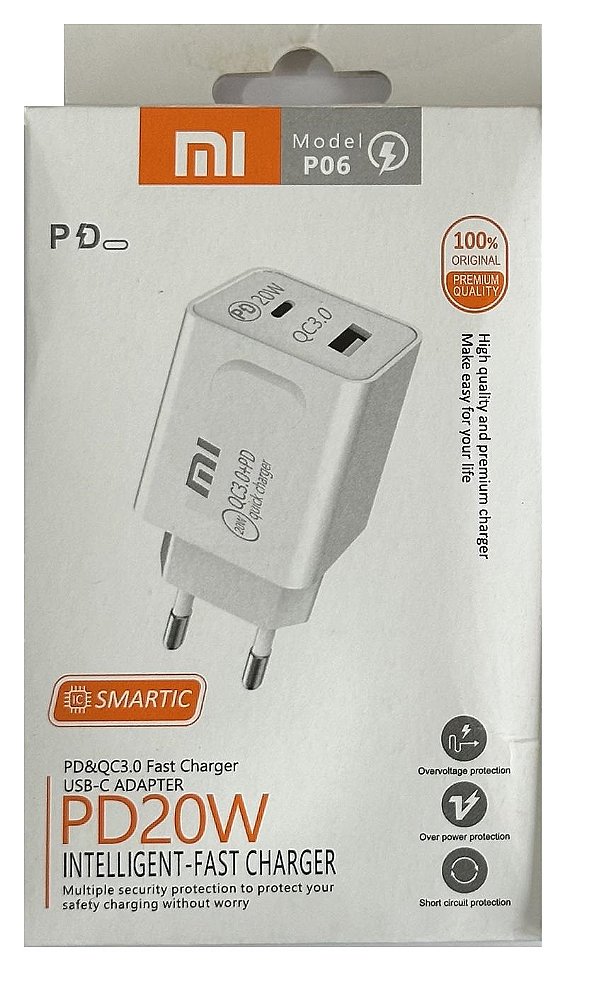 Carregador para Xiaomi Mi 20W duas entradas, Tipo C e USB s/ cabo.