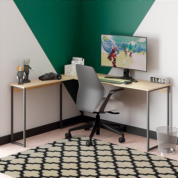 Mesa Escrivaninha em L Estilo Industrial - SMART LITE 150cm x 74cm x 135cm AVEIRO OAK / PR