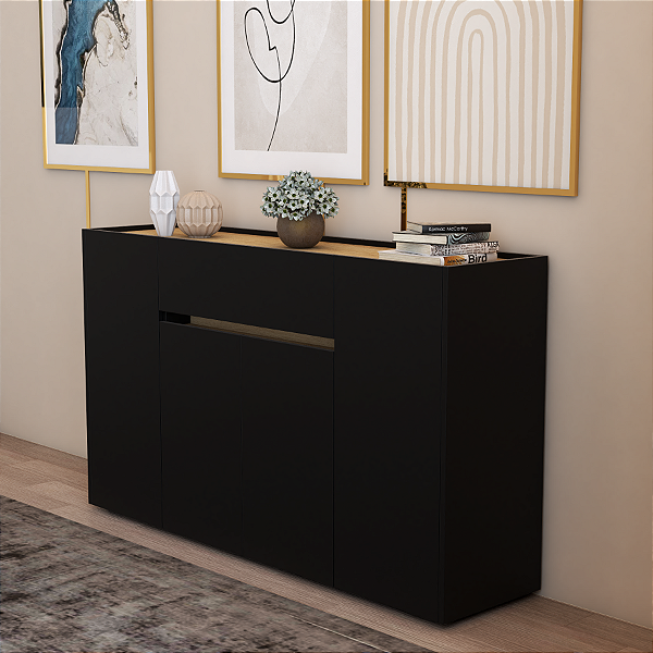 Aparador com 4 portas e 1 gaveta - ANTUÉRPIA 140cm x 83cm x 35cm PRETO ONIX/ AVEIRO OAK