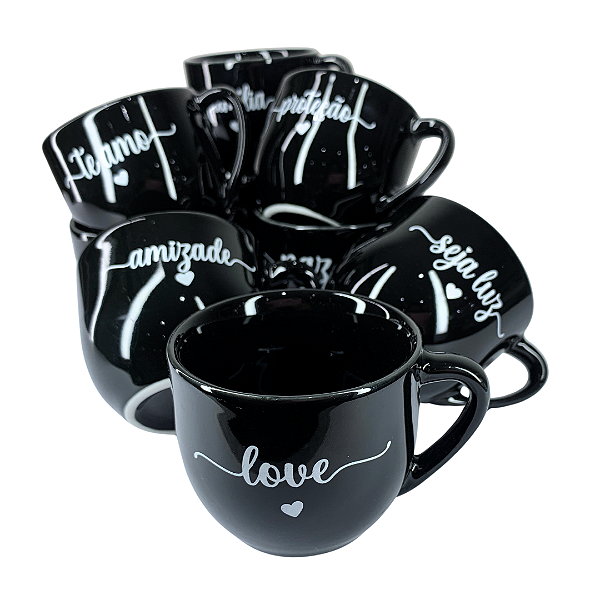 Xícara de Chá Paris 170ml Porcelana Mensagens Preta