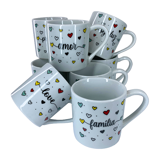Caneca Porcelana Redonda 210ml Corações Grandes Branca