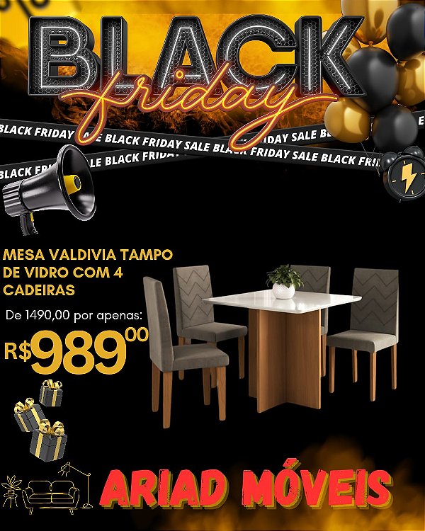 Mesa Valdivia com Tampo de Vidro + 4 Cadeiras