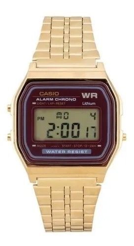 Relogio Vintage Digital Pulseira Aço Dourado Fundo Vinho Casio A159wgea-5Df-Sc