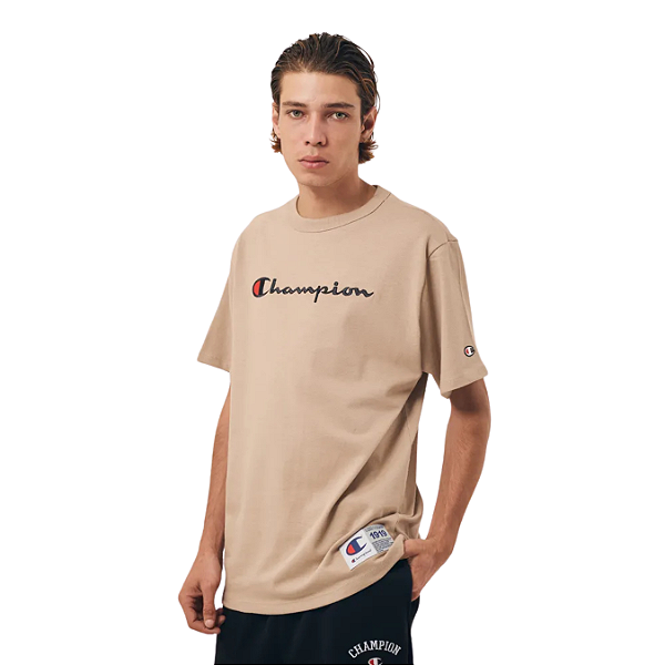 Camiseta Champion Life Script Logo Emb Dark Khaki