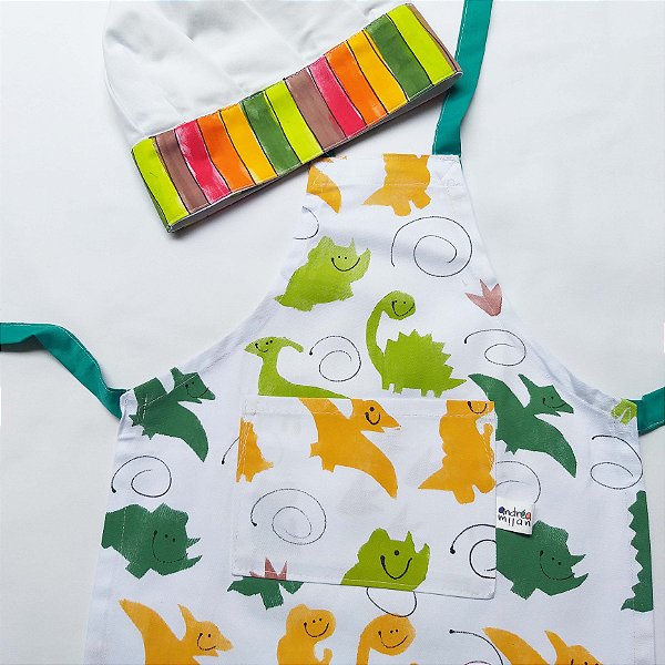 kit avental Infantil de Culinária Dinossauro com Chapéu de Chef