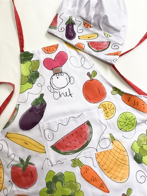 kit avental de Cozinha Infantil frutas e Legumes com Chapéu de Frutas