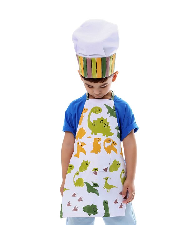 kit avental Infantil de Culinária Dinossauro com Chapéu colorido
