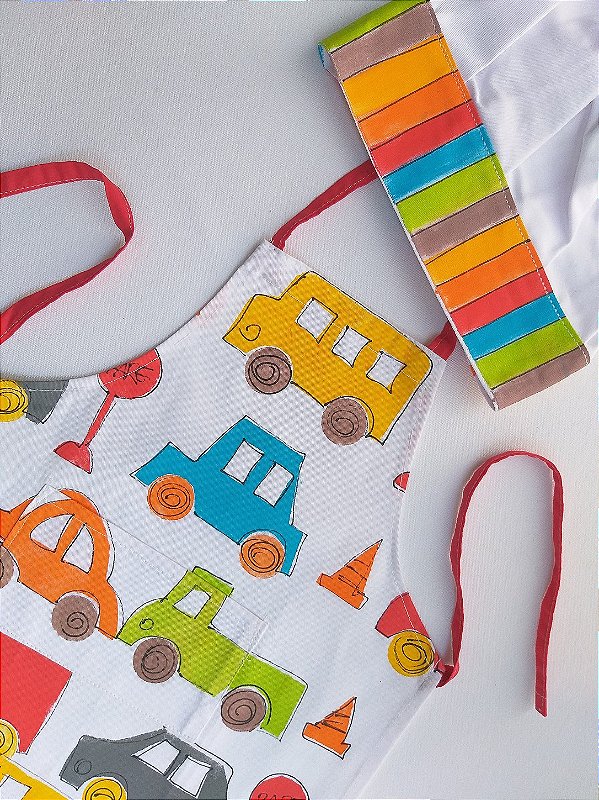 Kit Avental Infantil e Chapéu de Chef Estampa Carros Listrado – Andrea Milan
